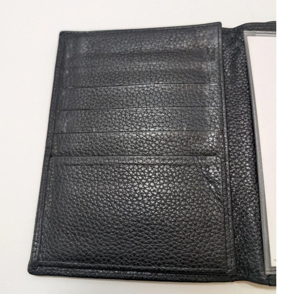 Longchamp Large‎ Mens Black Pebbled Leather Trifold Wallet & Passport w Box